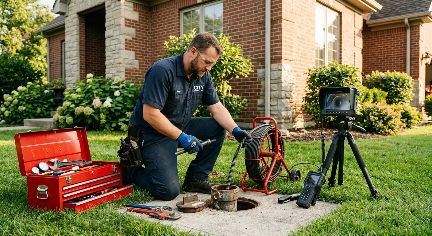 Sewer specialist with camera equipment servicing a cleanout in Apex