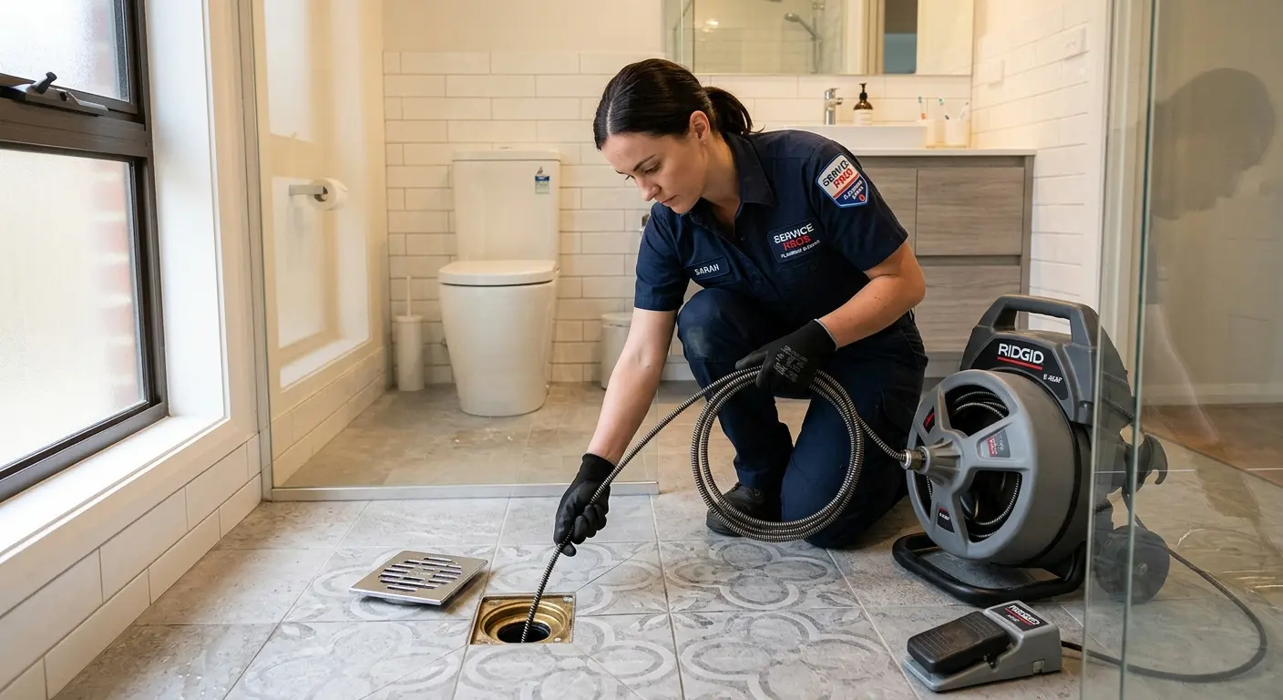 Technician clearing a bathroom floor drain for Drain Repair in Apex